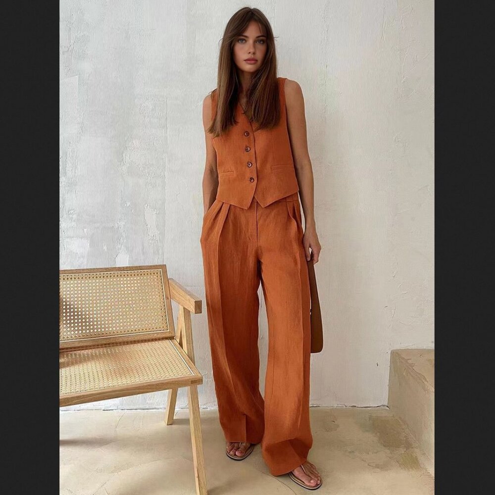 NWT Commense Medium Linen Blend Wide Leg Pants & Vest Set